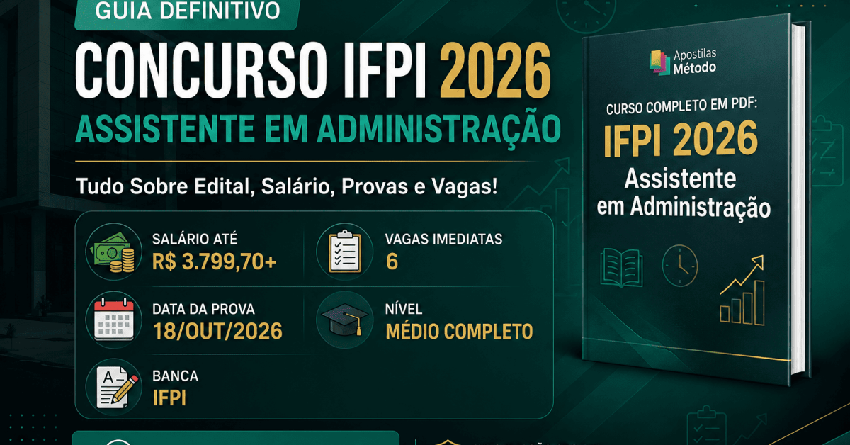 Infográfico de resumo do concurso IFPI 2026 com o Guia Definitivo da Apostilas Método e resumo de salário, vagas e provas para Assistente em Administração.