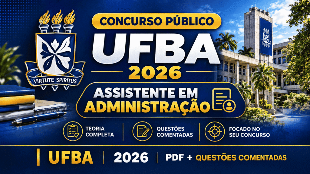 Capa da apostila e curso em PDF para o concurso UFBA 2026 no cargo de Assistente em Administração