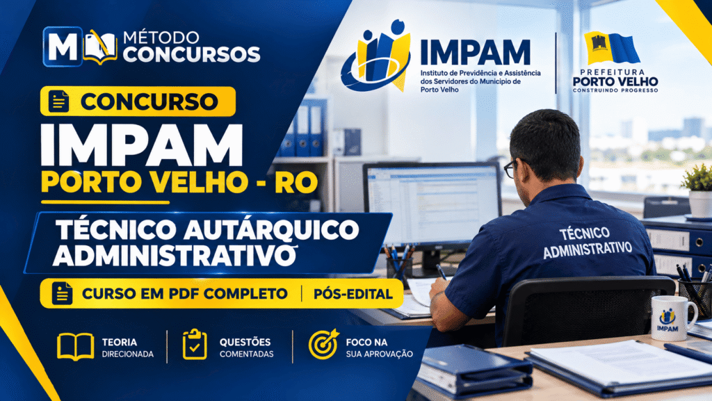 Capa do curso em PDF para o concurso IPAM Porto Velho 2026 do cargo Técnico Autárquico Administrativo